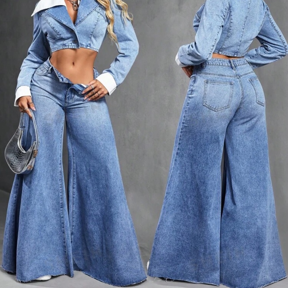 Women Loose Pockets Wide Leg Casual Trendy Denim Jeans